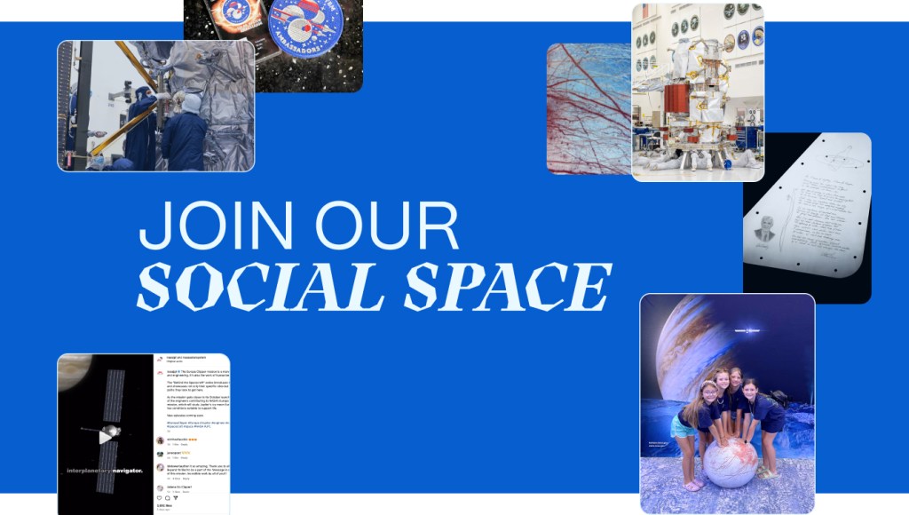 A bright blue graphic with images cut in to promote NASA's Social Media Toolkit for the launch of Europa Clipper. It has seven small images related to the launch. It has the words Join Our Social Space in white lettering.