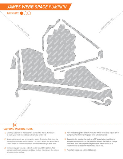 View of an instruction sheet containing a pattern and step-by-step carving instructions for creating a jack-o'-lantern style pumpkin of the James Webb Space Telescope with its distinctive sunshield and mirror components.