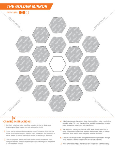 View of an instruction sheet containing a pattern and step-by-step carving instructions for creating a jack-o'-lantern style pumpkin of the 18 hexagon mirror segments of the James Webb Space Telescope.