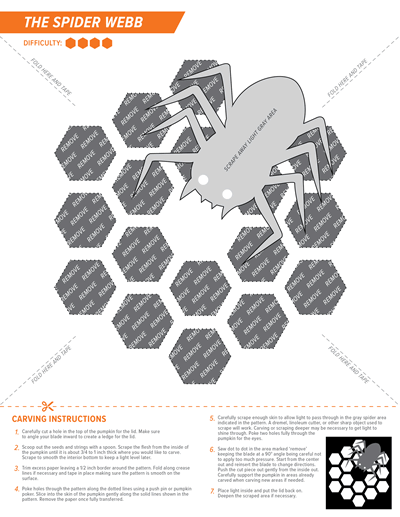 View of an instruction sheet containing a pattern and step-by-step carving instructions for creating a jack-o'-lantern style pumpkin of the 18 hexagon mirror segments of the James Webb Space Telescope with a spider figure in the top right portion of the overall collection of mirror segments.