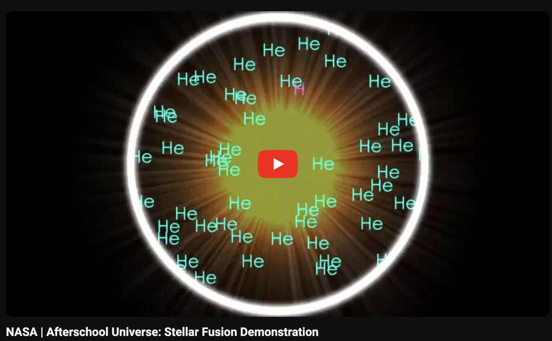 Text in the lower left corner that reads NASA | Afterschool Universe: Stellar Fusion Demonstration and a circle with the Sun in the center of it with the chemical symbols for hydrogen helium in the circle.