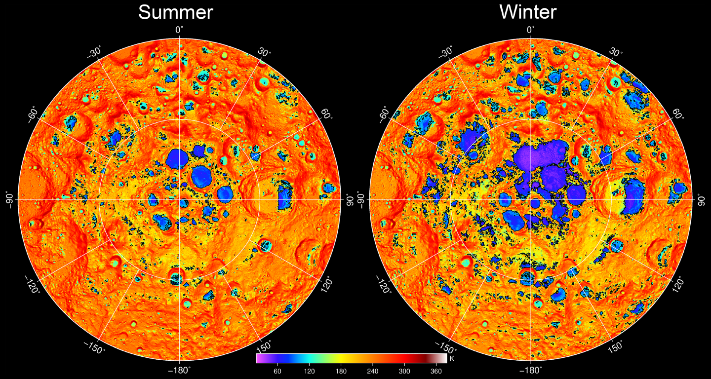 Two circular images of the Moon’s South Pole are shown side to side over a plain black backdrop. The images are mostly orange throughout, with greens, blues, and purples representing various cooler temperatures based on a key, which sits between them. The key is in Kelvin and starts at 60, spanning to 360. Both images are covered in craters which resemble blue and purple splotches. There are numbers representing degrees along the outer rim of each circle.