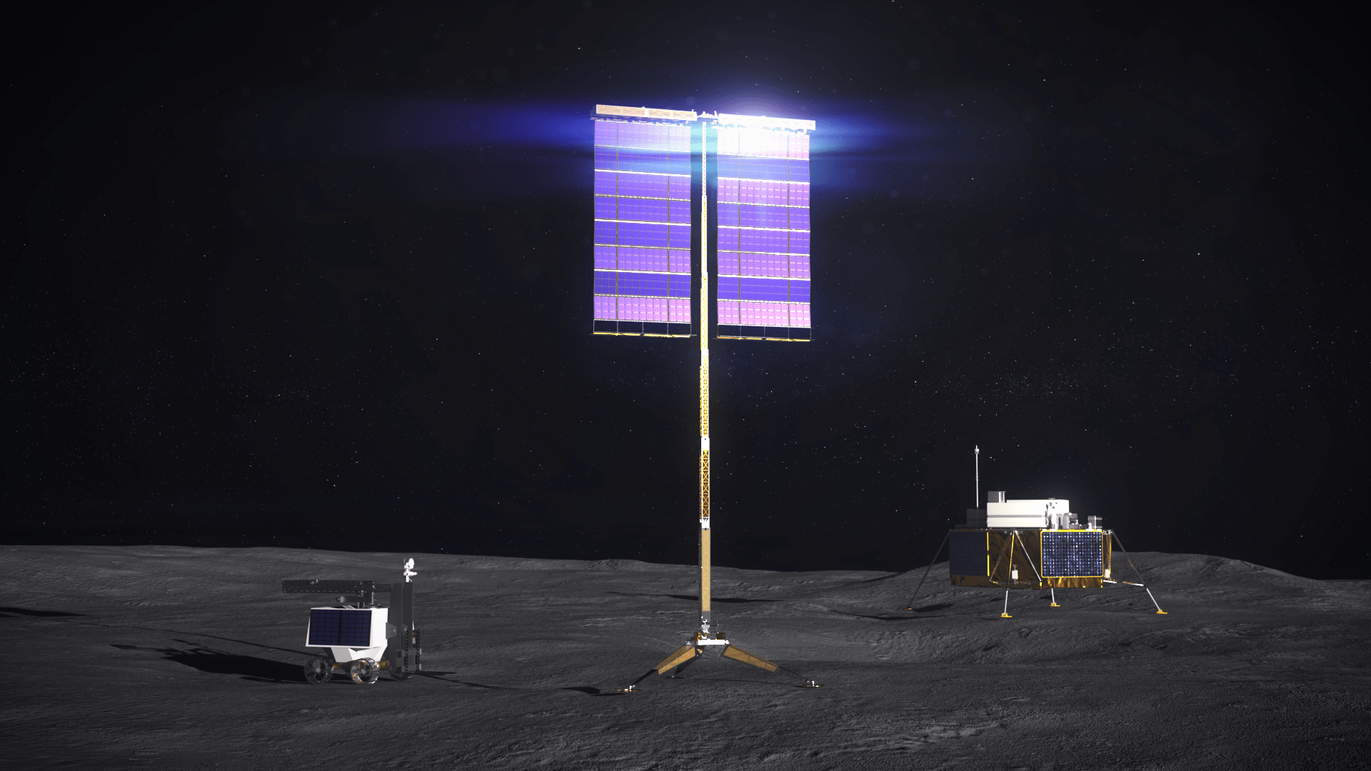 An illustration of a lunar surface with a tall solar panel, a small rover with solar panels, and a larger lander-like device also equipped with solar panels. The space scene depicts an advanced lunar exploration setup under a dark sky.