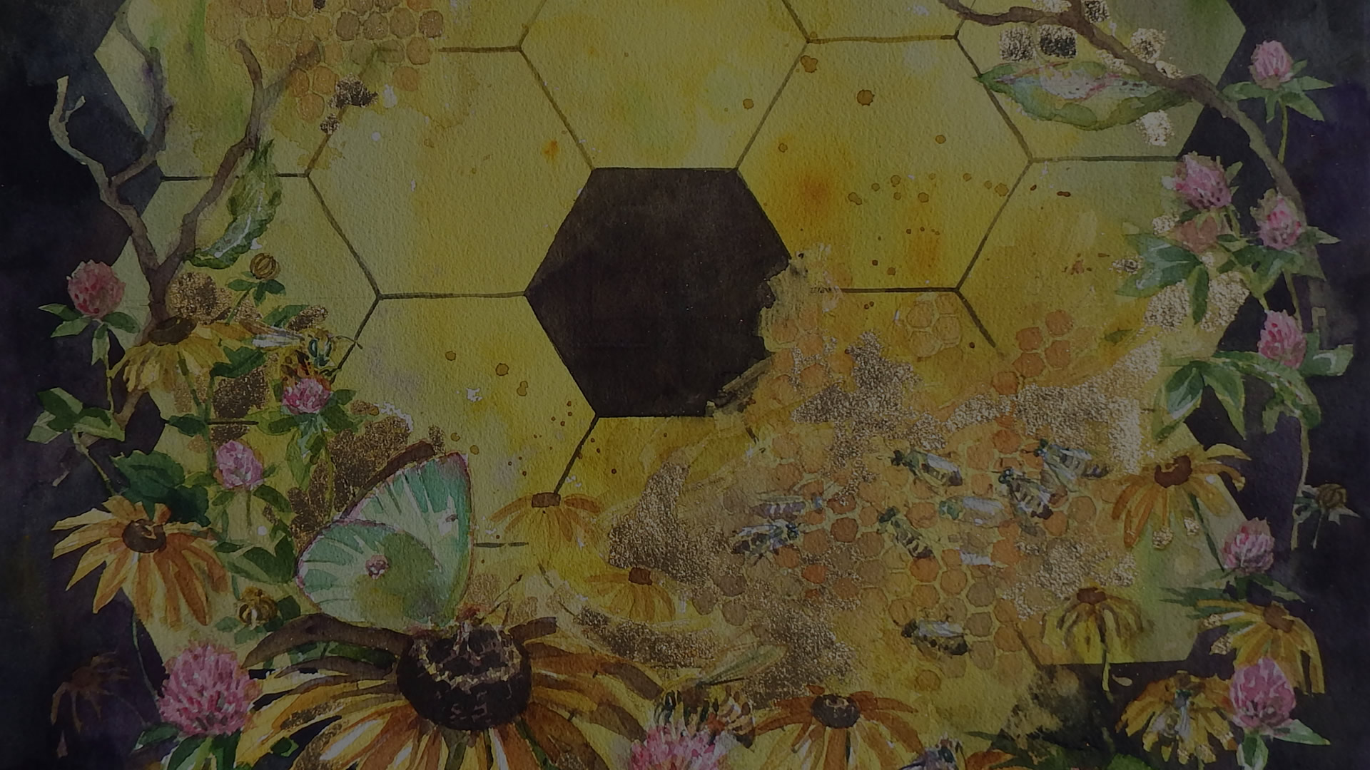 Darkened view of JWST Art by JoannaBarnum.com consisting of the Webb Primary Mirror blending at the edges with flowers with a butterfly and bees.