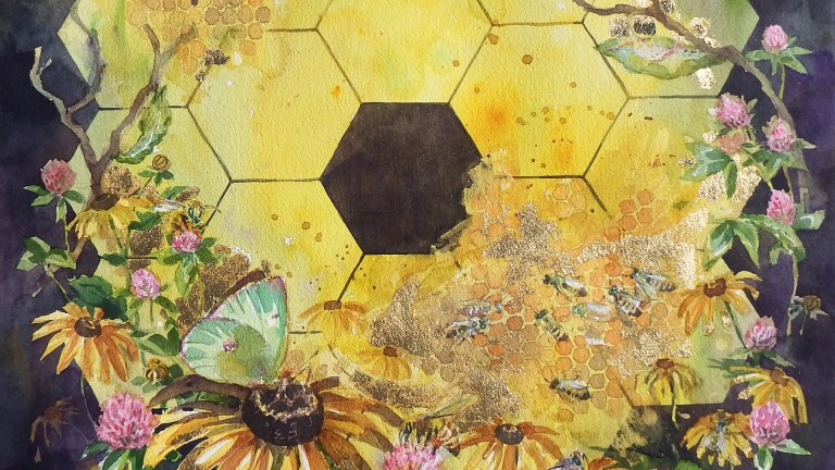 View of JWST Art by JoannaBarnum.com consisting of the Webb Primary Mirror blending at the edges with flowers with a butterfly and bees.