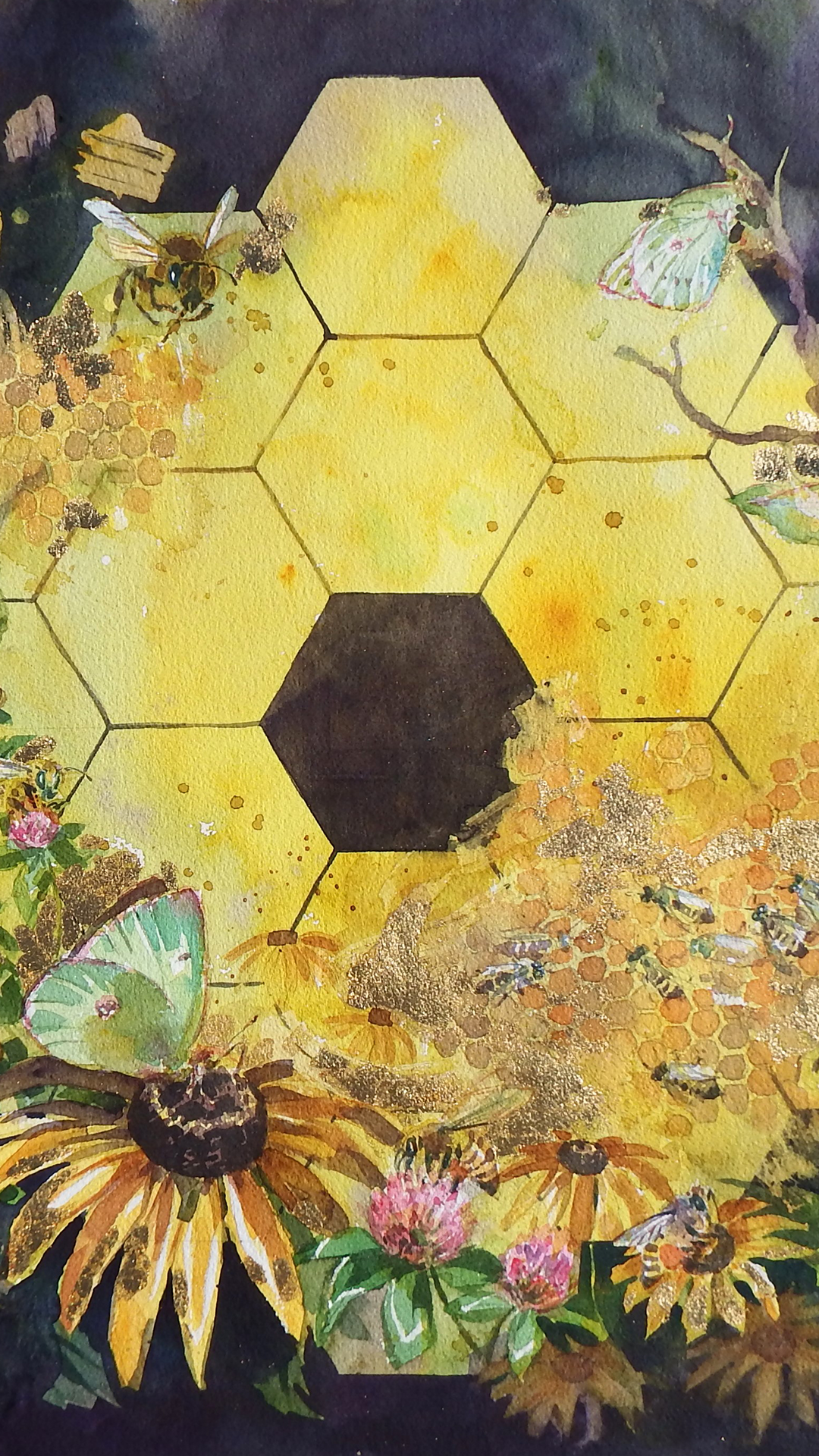 Vertical view of JWST Art by JoannaBarnum.com consisting of the Webb Primary Mirror blending at the edges with flowers with a butterfly and bees.