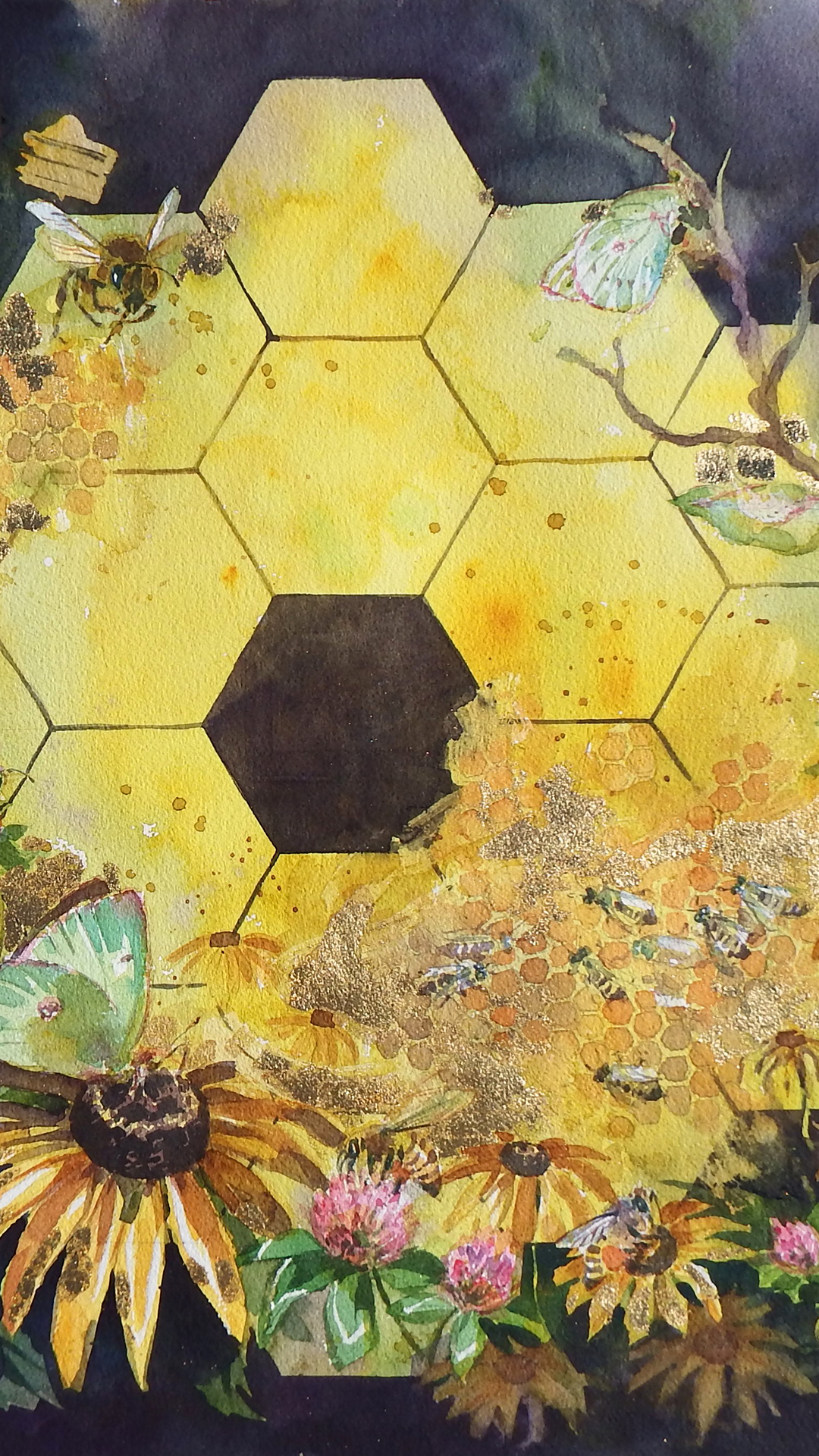 Vertical off-centered view of JWST Art by JoannaBarnum.com consisting of the Webb Primary Mirror blending at the edges with flowers with a butterfly and bees.