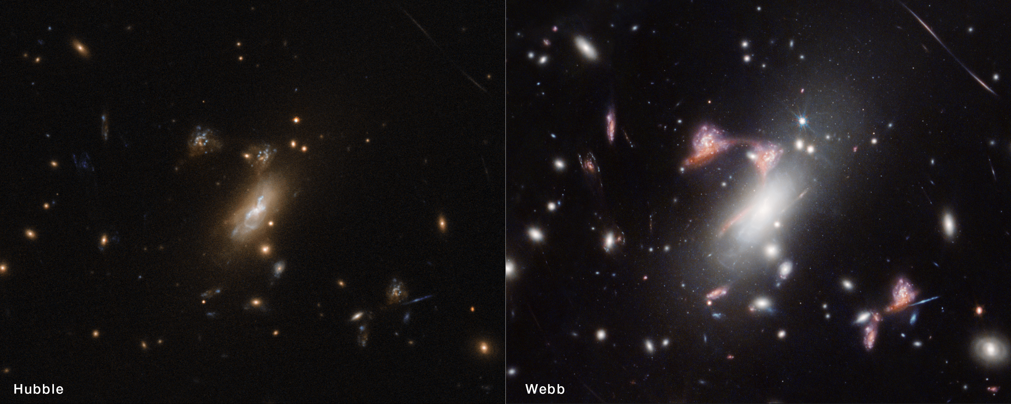 The same region of space in side-by-side images. The left image is labeled “Hubble” and the galaxies shown have an overall yellow tone and haze. The image on the right is labeled “Webb.” In the center of that image, several images of an elongated red galaxy for a shape like the top of a question mark. In comparison it’s clear that some of the features creating the question mark shape are present in the left-hand image as well, but probably wouldn’t be noticed if that image stood alone. The right-hand image is more colorful and defined than the image on the left, with shades of white, red, and a little blue.