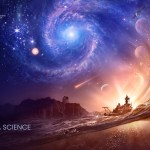 This illustration depicts a cutaway of an ocean wave in sunset colors of pinks, blues, and purples. The wave sweeps up to the right, following the motion of luminescent pink, golden auroras on the horizon. The auroras curve upward through the sky, meeting up with a large bluish/purplish spiral galaxy in the upper left. On the far side of the galaxy is an exoplanet system and distant deep field galaxies. On the auroral path is Earth’s Moon, the asteroid Bennu, Mars, and Europa - all bodies in our solar system where water has been found. Above the horizon, the international space station hovers in the sky, while the Europa Clipper mission hovers near Jupiter’s icy moon. Molecular structures drift up from the ocean’s depths, becoming constellations once they reach the sky. They follow the auroras upward toward the galaxy, connecting life to the stars. A few meteors streak across the middle sky. Backlit by the setting sun, a NASA-funded research vessel sails in the foreground. Below the ocean surface, the vessel’s submersible explores the ocean’s depths. A ground-based observatory perches on a cliff on the horizon.