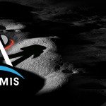 A rendering of the surface of the Moon. We see the shadow of an astronaut on the regolith and the Artemis brand logo is besides the shadow in the bottom left corner.