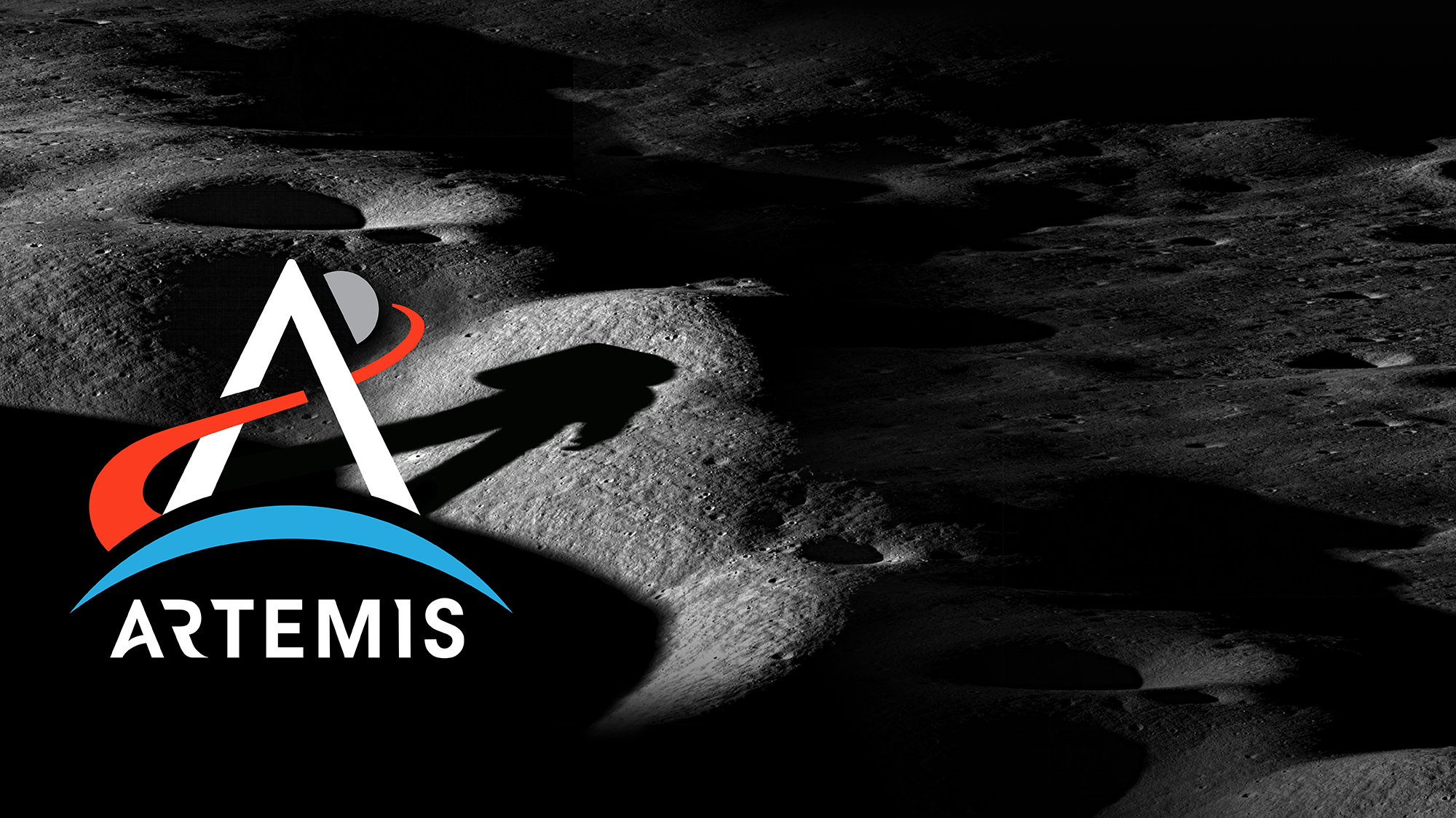 A rendering of the surface of the Moon. We see the shadow of an astronaut on the regolith and the Artemis brand logo is besides the shadow in the bottom left corner.