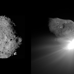 A diamond shaped rocky object is shown side-by-side with another rocky object that has a bright point of light at its bottom right side.