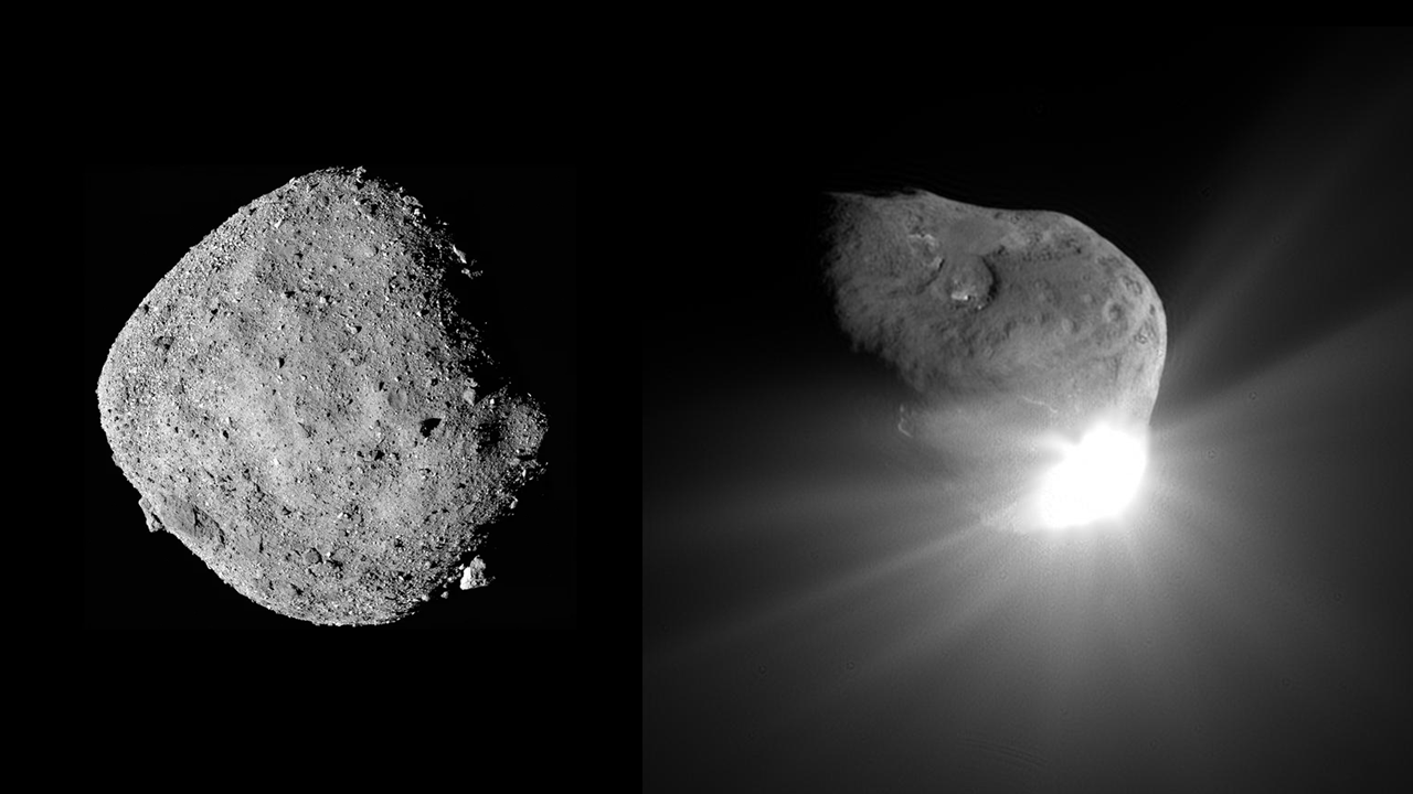 A diamond shaped rocky object is shown side-by-side with another rocky object that has a bright point of light at its bottom right side.