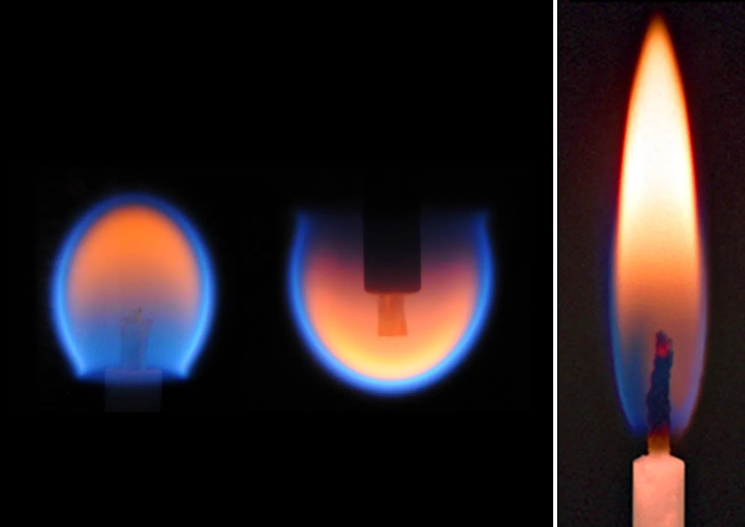 A spherical flame created in space (left), and a candle flame burning on Earth (right) Alt Text: An orange spherical flame created in space (left), and an orange candle flame burning on Earth (right) against a black background