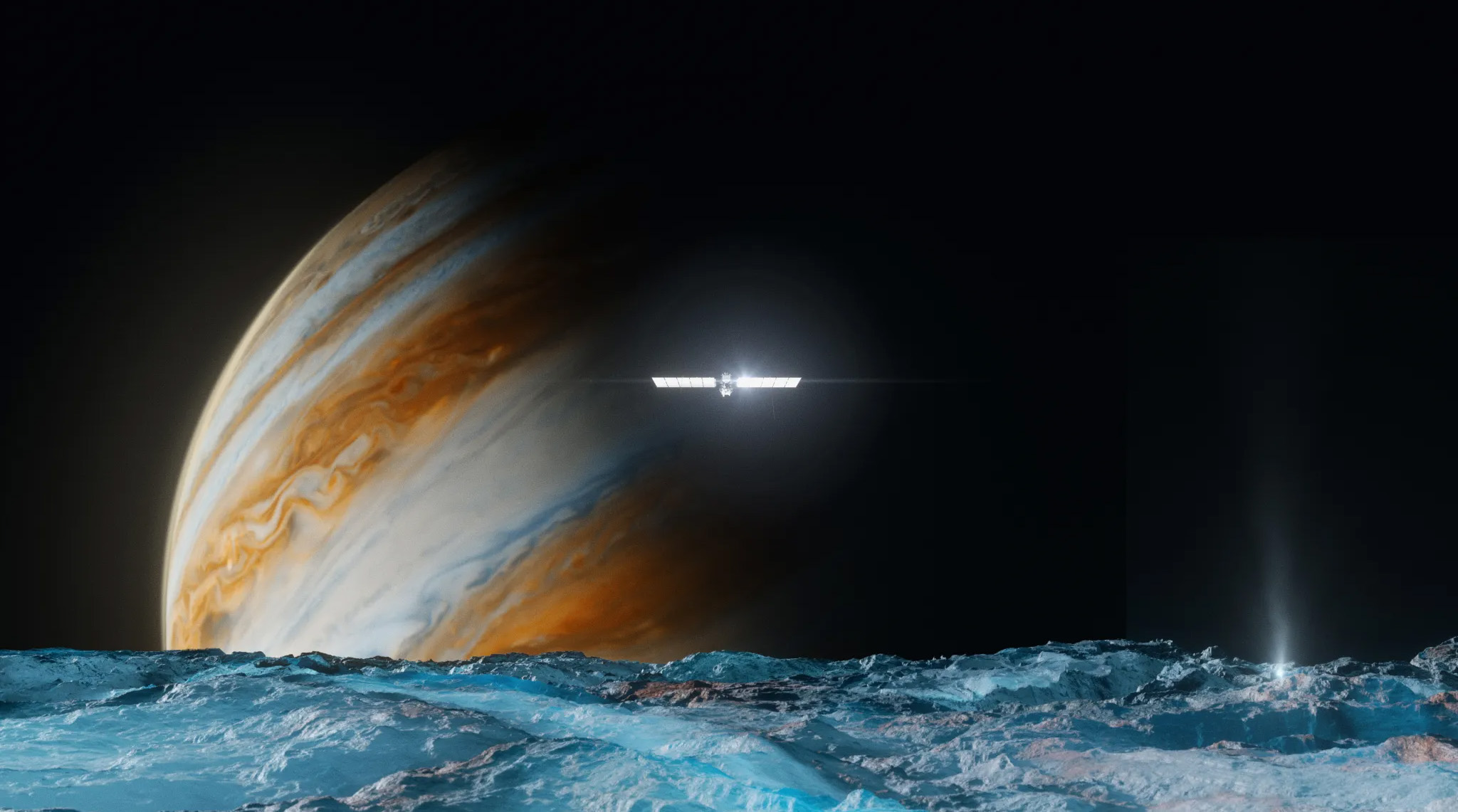 An icy surface is shown in the foreground, with the planet Jupiter and a shiny spacecraft looming in the background.