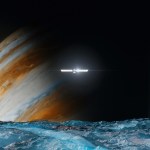 An icy surface is shown in the foreground, with the planet Jupiter and a shiny spacecraft looming in the background.