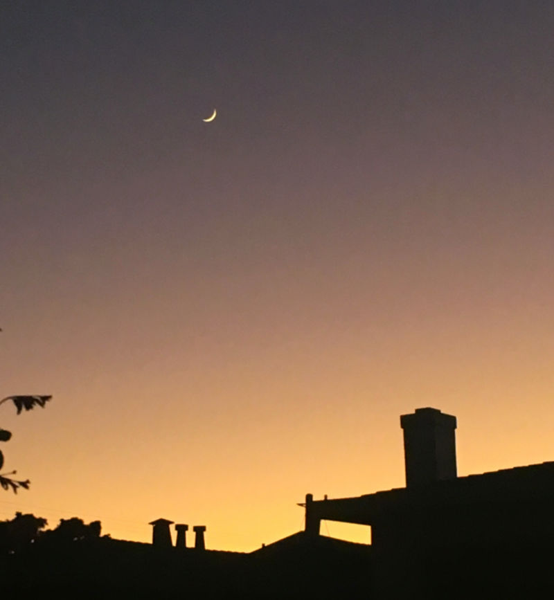 Photo of a crescent Moon hanging over the silhouette of a rooftop at sunset.