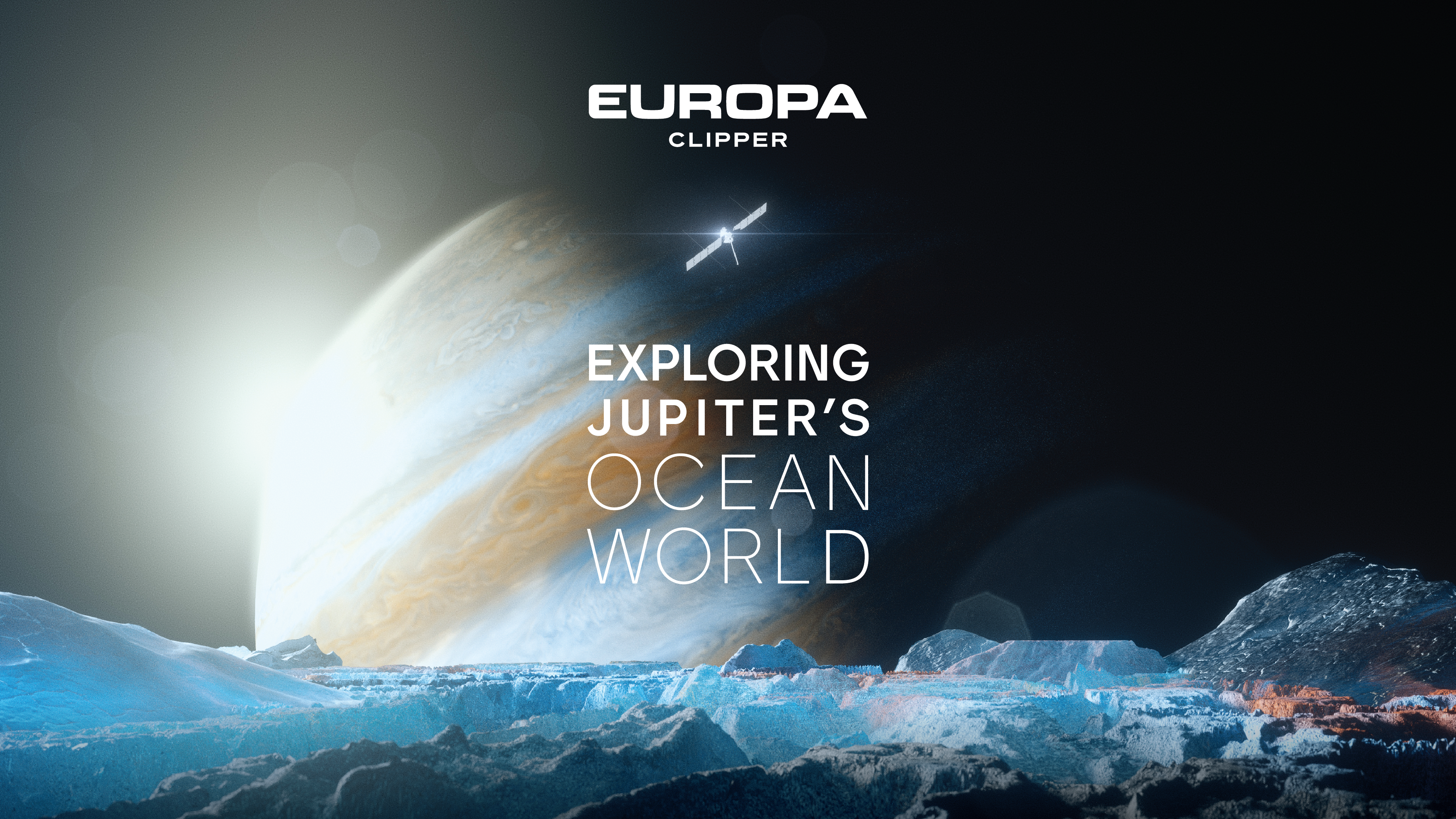 An artist's concept of Europa Clipper above Europa with Jupiter in the background.