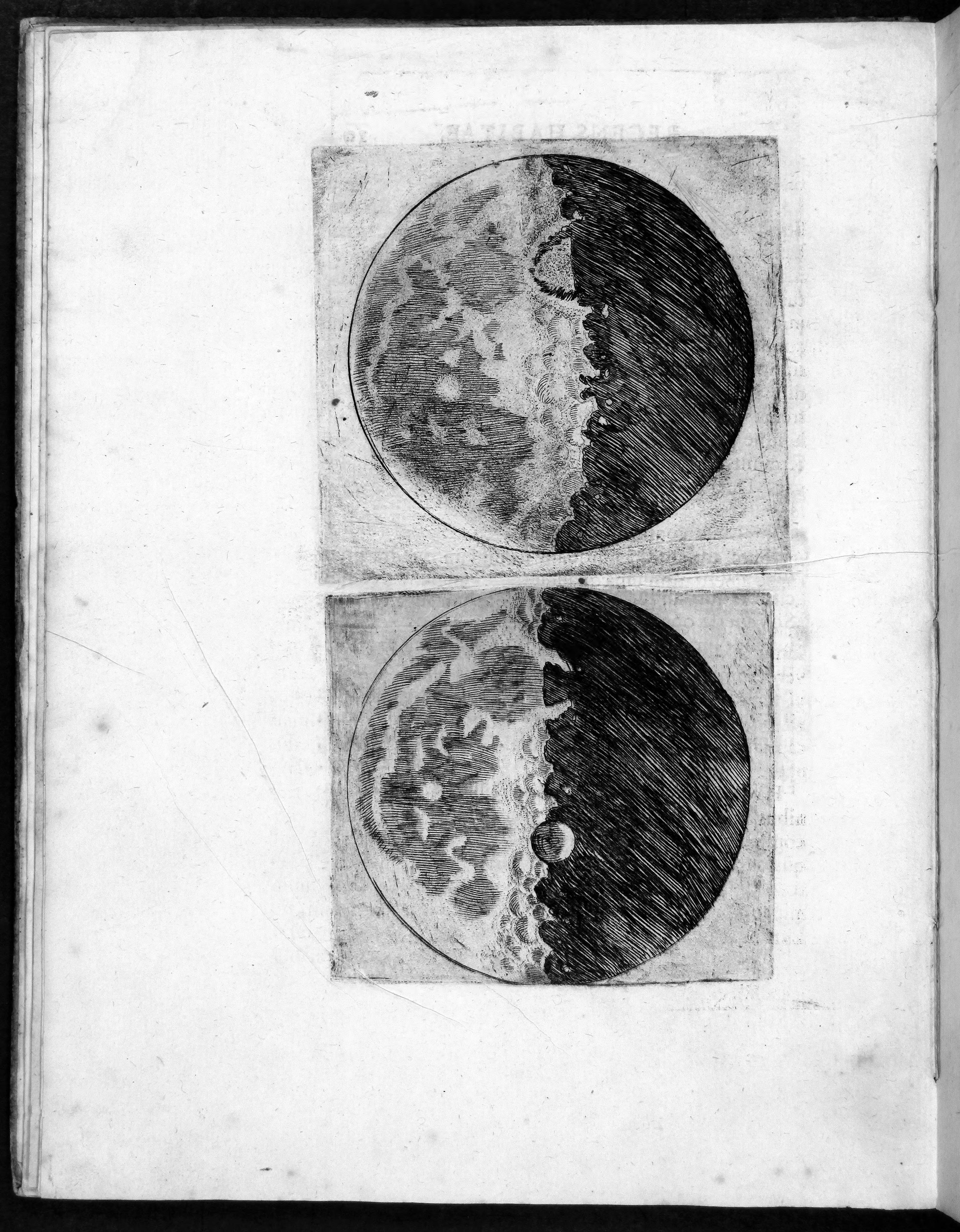 Two black and white drawings of the Moon, with the right half in shadow, showing depressions and some topography.