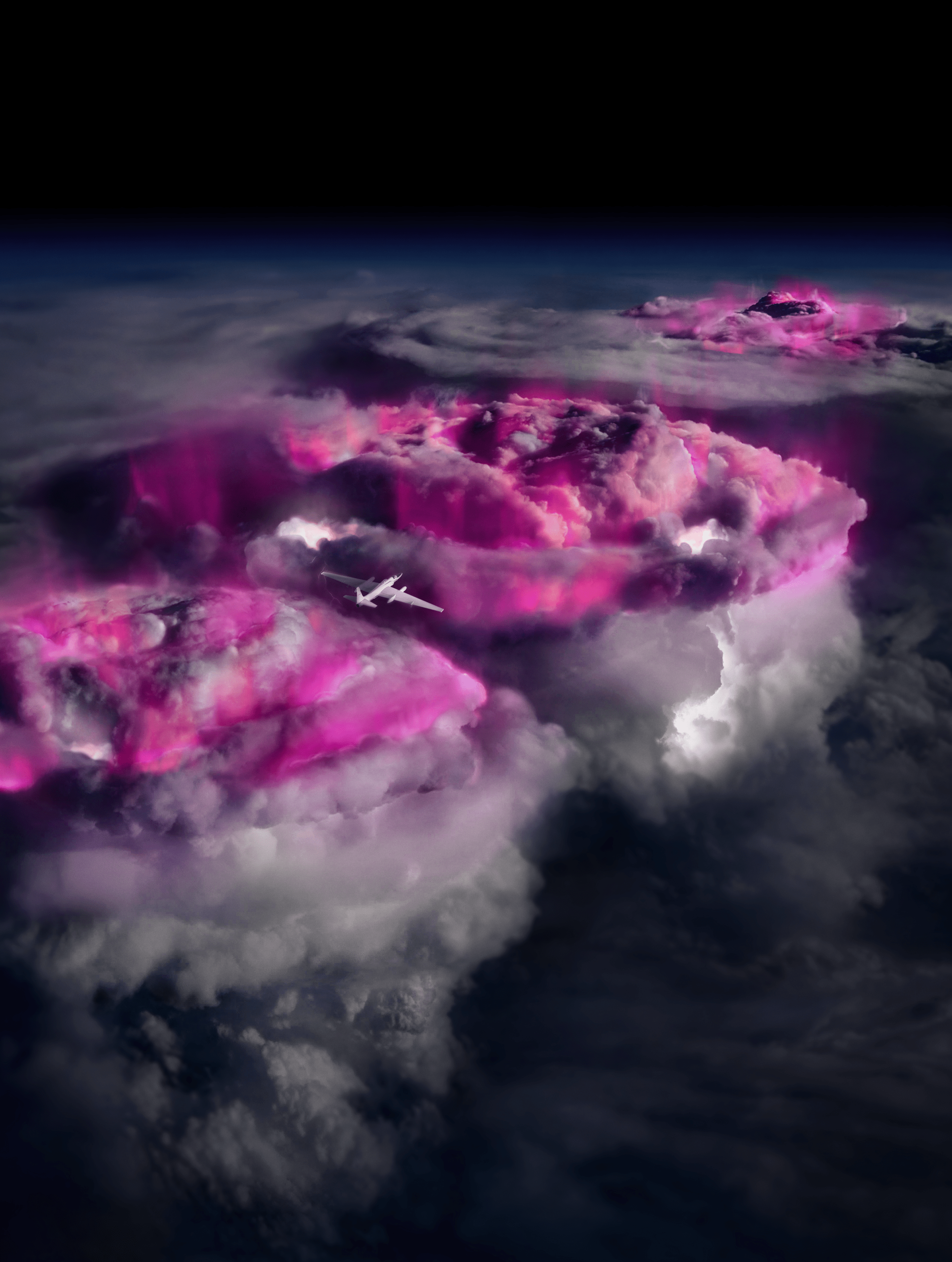 Cloudtops of thunderstorms are shown glowing purple with a small plane flying over the storm. surrounding the thunderstorm's purple anvil top are lower atmosphere gray clouds.