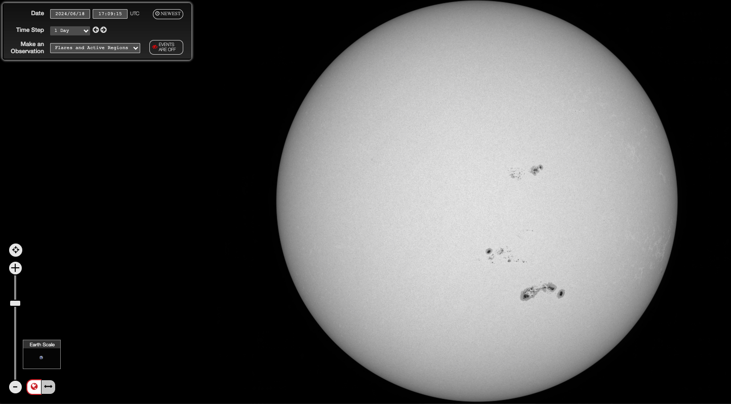 A screenshot of the Helioviewer application shows the Sun with several sunspots in black and white on the right. In the upper left is a box with settings such as the date, time, time step, and type of observation, with "flares and active regions" selected. A slider that zooms in and out appears in the lower left.