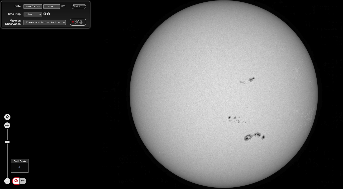 A screenshot of the Helioviewer application shows the Sun with several sunspots in black and white on the right. In the upper left is a box with settings such as the date, time, time step, and type of observation, with "flares and active regions" selected. A slider that zooms in and out appears in the lower left.