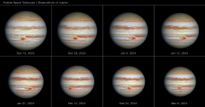 Eight Hubble images of the giant planet Jupiter spanning approximately 90 days between December 2023 and March 2024.