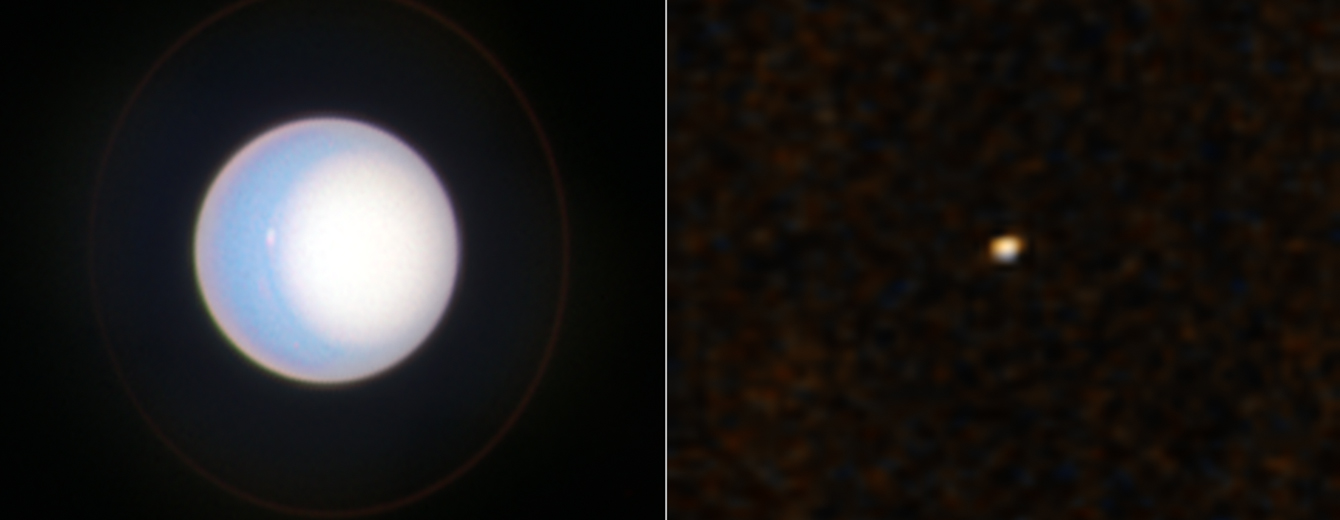 A two panel image. The left panel is Hubble’s actual view of Uranus – the planet is a light blue sphere, with a white circle covering the right half of the planet (the southern pole). The right panel is the actual view of Uranus from New Horizons. The planet appears as a tiny whiteish dot.