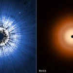 A two-panel image split down the middle vertically. At the left is the Vega disk as imaged by the Hubble Space Telescope. The disk is perfectly circular, and at the center is a black spot blocking out the bright glow of a star. Closer to the center, the disk is white. Radial striations extend out from the center, giving a ripple effect to the disk like the end of a sausage casing. The outer edge of the circular disk is blue. At the right, the Webb image of the disk is an orange colored, smooth, fuzzy halo. The inner disk is whiter toward the center, and there is darker lane between the inner disk and the more orange outer disk. The disk is also perfectly circular, with a black circle in the center blocking light from the star.