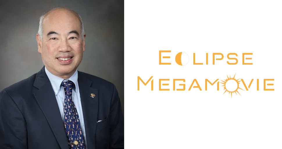 Portrait photo of a man wearing a suit on the left and a logo that reads Eclipse Megamovie on the right