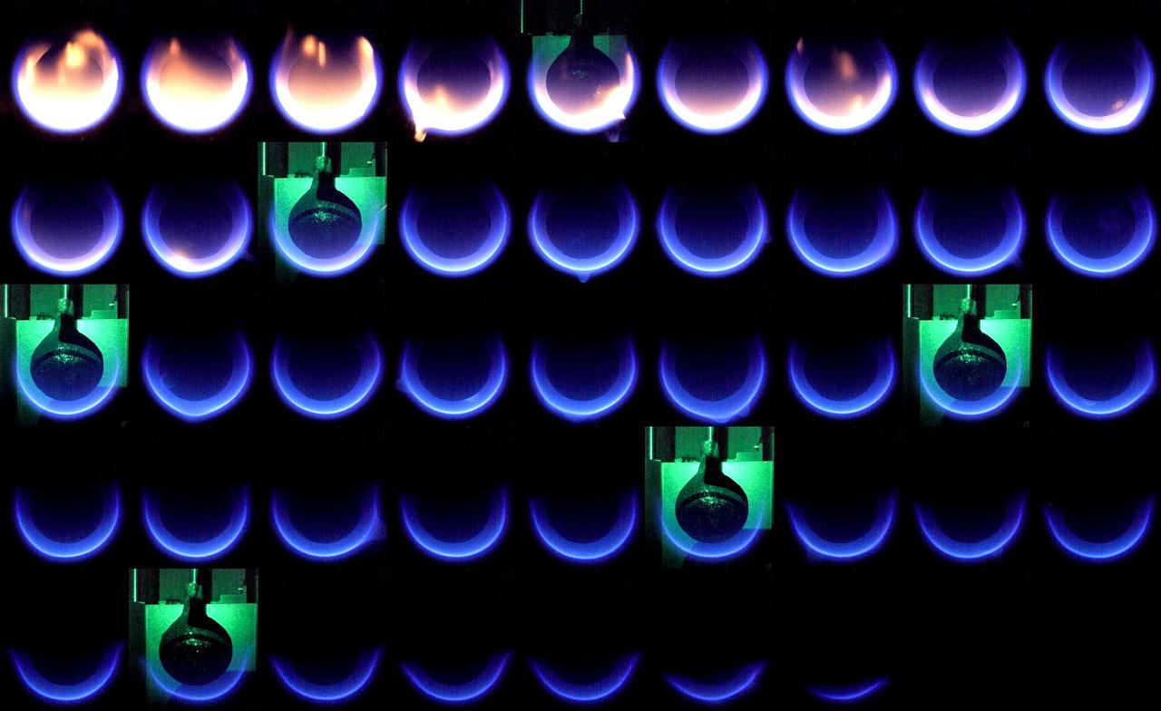 Many flame images are shown side by side. Initially, the flame is seen as yellow and sooty. As the ambient pressure is reduced, the flame becomes bluer and continues to shrink until fully extinguished.