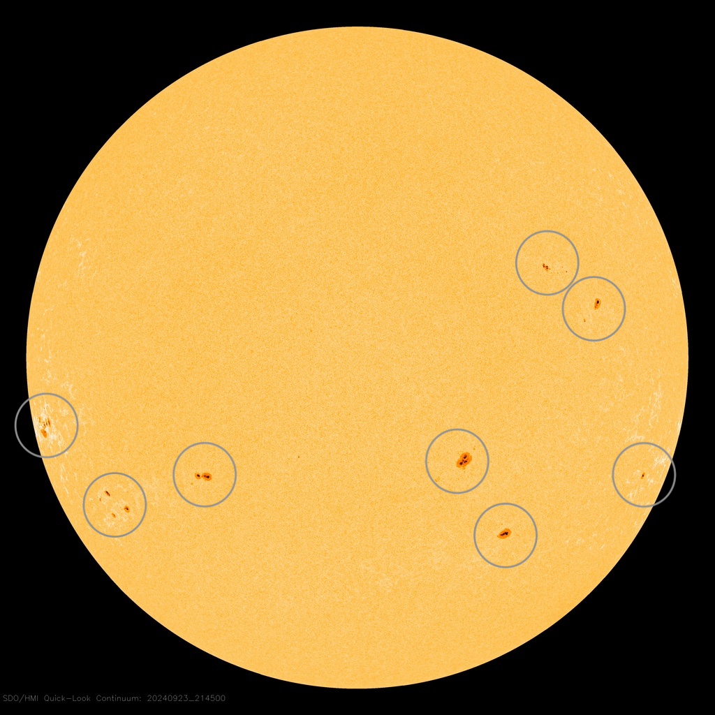 An image shows sunspots scattered around the Sun. Eight groups of sunspots are circled.