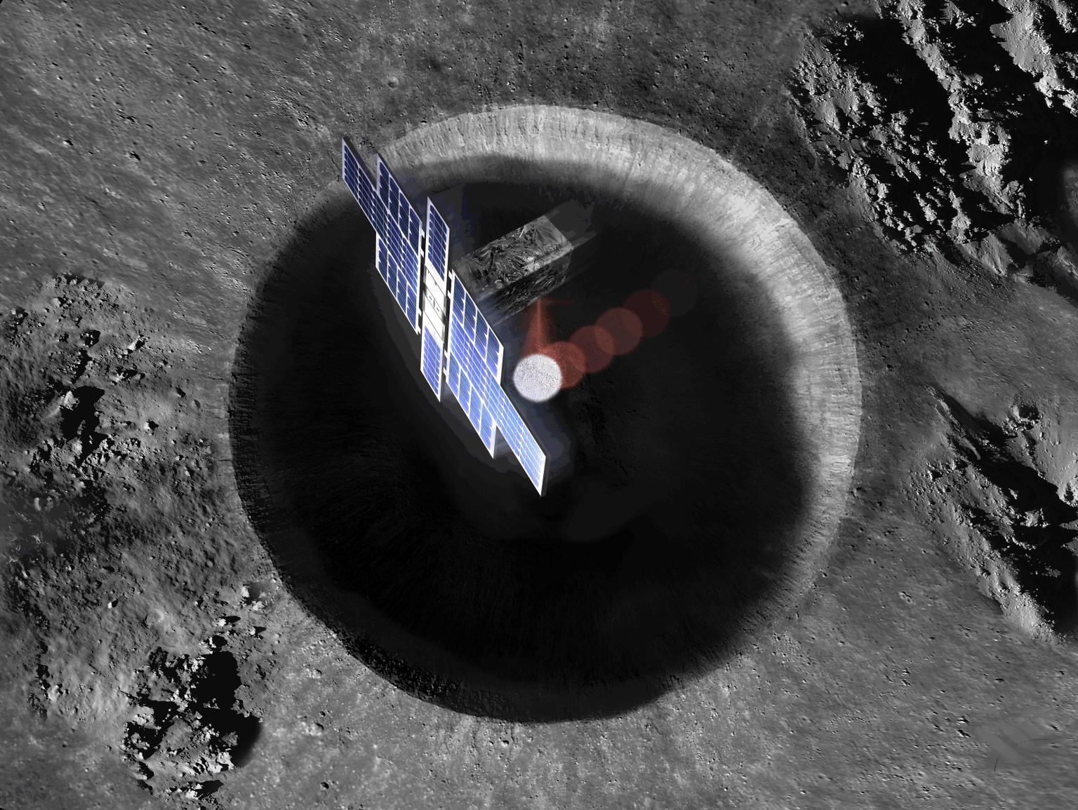 A rendering of the lunar flashlight satellite hovering above a crater on the lunar South Pole. The satellite has a wall of solar panels on the side. The crater is dark and appears to be from a large impactor.