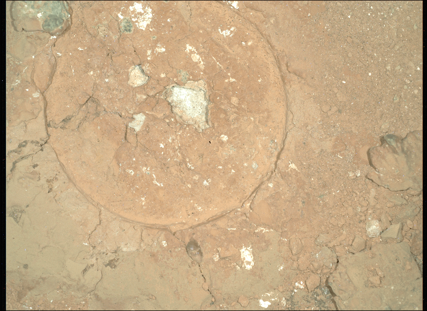 A close-up color photo of the Martian surface shows pale orange, rocky ground, with a circular outline scraped into the ground covering the upper left quarter of the frame. Inside the circle, chipped areas reveal several bright white spots, as well as a small spot of pale green. Another, larger green spot sits outside the circle, in the far upper left corner of the image.