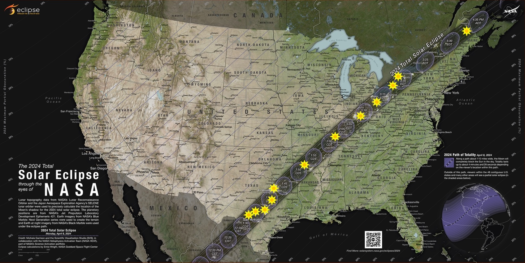 The map of the total solar eclipse crossing the United States. It shows a dark gray line crossing the U.S. from Texas and exiting over Maine. Scattered across that line are small Sun icons, representing Sunspot locations.