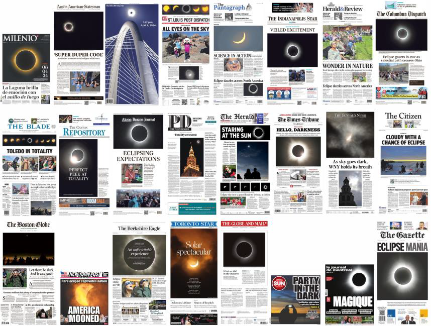 Many front pages of newspapers arranged in a collage. The newspapers are in a variety of languages and all feature the total solar eclipse in April 2024.