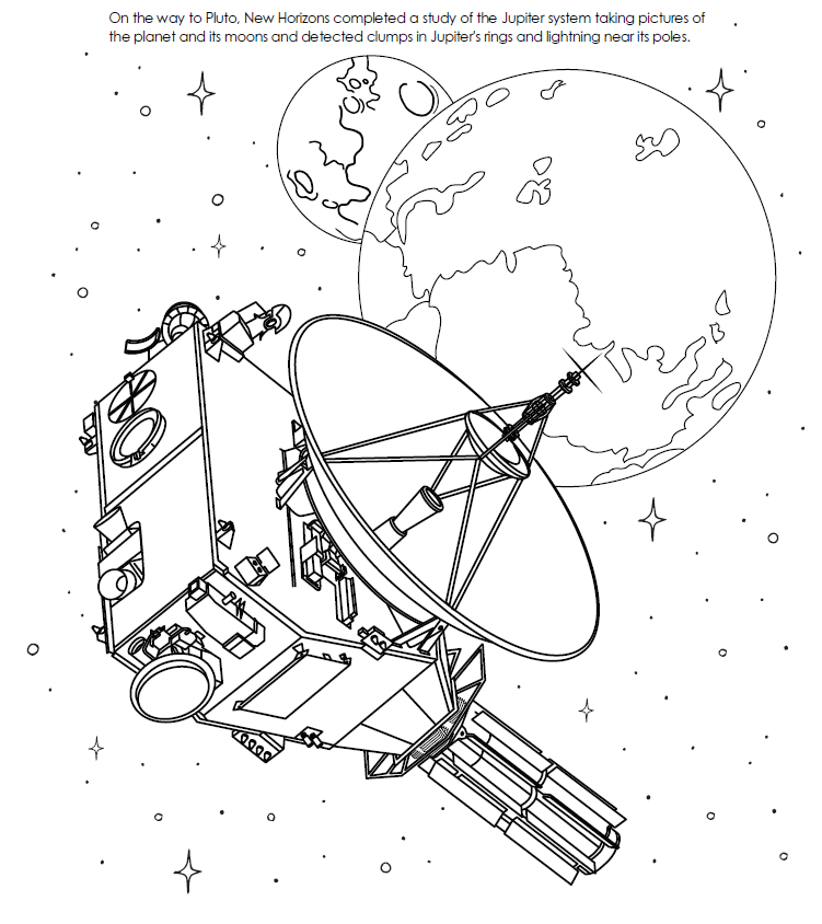 A sketch of a spacecraft with a large dish antenna is shown in front of two spheres. Stars and dots sprinkle the surrounding sky.