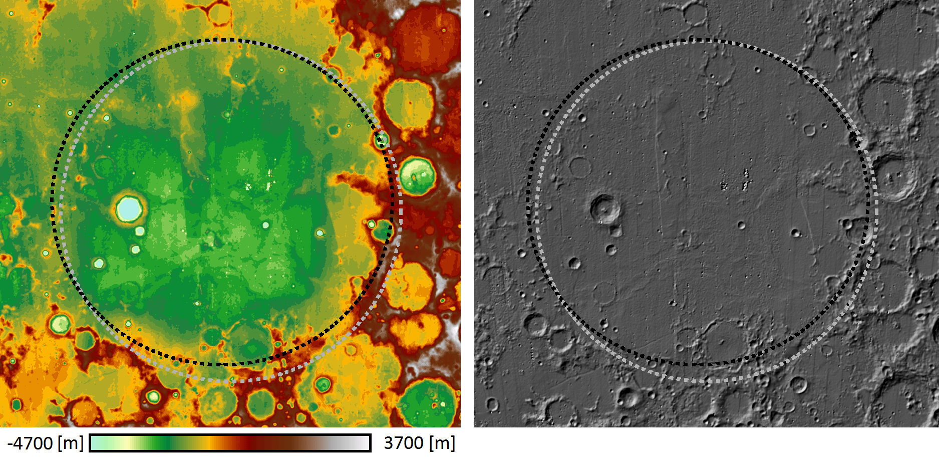 A two panel image. The left panel shows the basin in shades of green, yellow and dark red. Green is primarily in the center of the basin, while yellow surrounds it and fills the nearby craters. Red is beyond that. The right panel shows a gray lunar landscape with a smooth floor speckled with craters of the same area. Both images are marked with gray and black dashed-line circles, slightly offset from each other, in the centers fo the images.