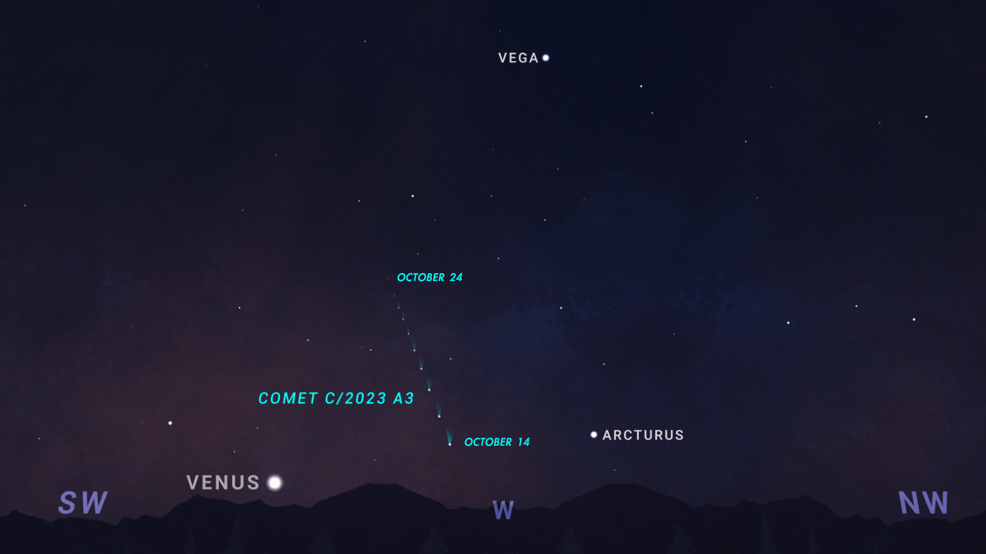 An illustrated sky chart shows the evening sky facing west, 1 hour after sunset in late October 2024. The position of Comet C/2023 A3 is shown as a small, bright dot with an upward-pointing bluish tail. The comet's position over 10 nights is marked, showing that it appears higher on successive nights between October 14 and 24. It also appears to grow fainter over the successive nights. Bright stars Arcturus and Vega also appear nearby in this scene as bright, white dots.