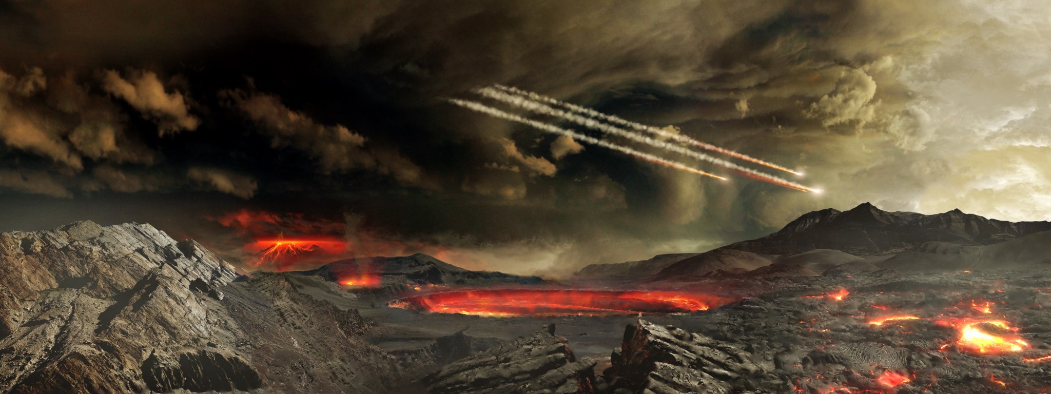 An illustration of meteorites bombarding a landscape. The ground is bare rock, molten in places and smoking. Pools of molten rock and fires dot the terrain. Three meteorites streak through a cloudy, smoky sky.