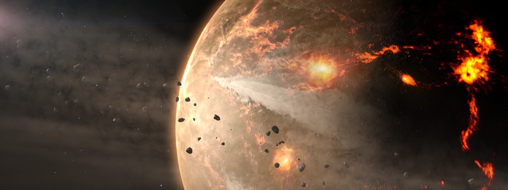 A pale planet seen from a distance is bombarded by meteorites, causing explosions on its surface. Other rocky objects float by the planet.