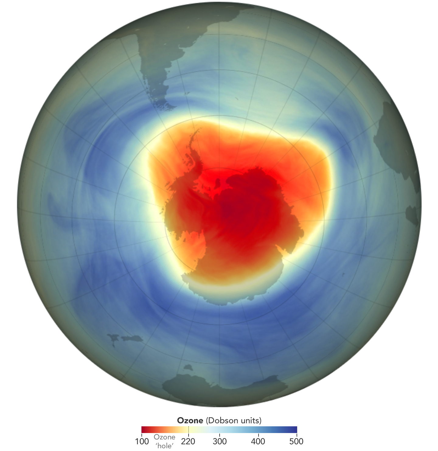 Map shows orange and red colors spanning most of Antarctica and part of the Southern Ocean, indicating areas of low ozone concentrations