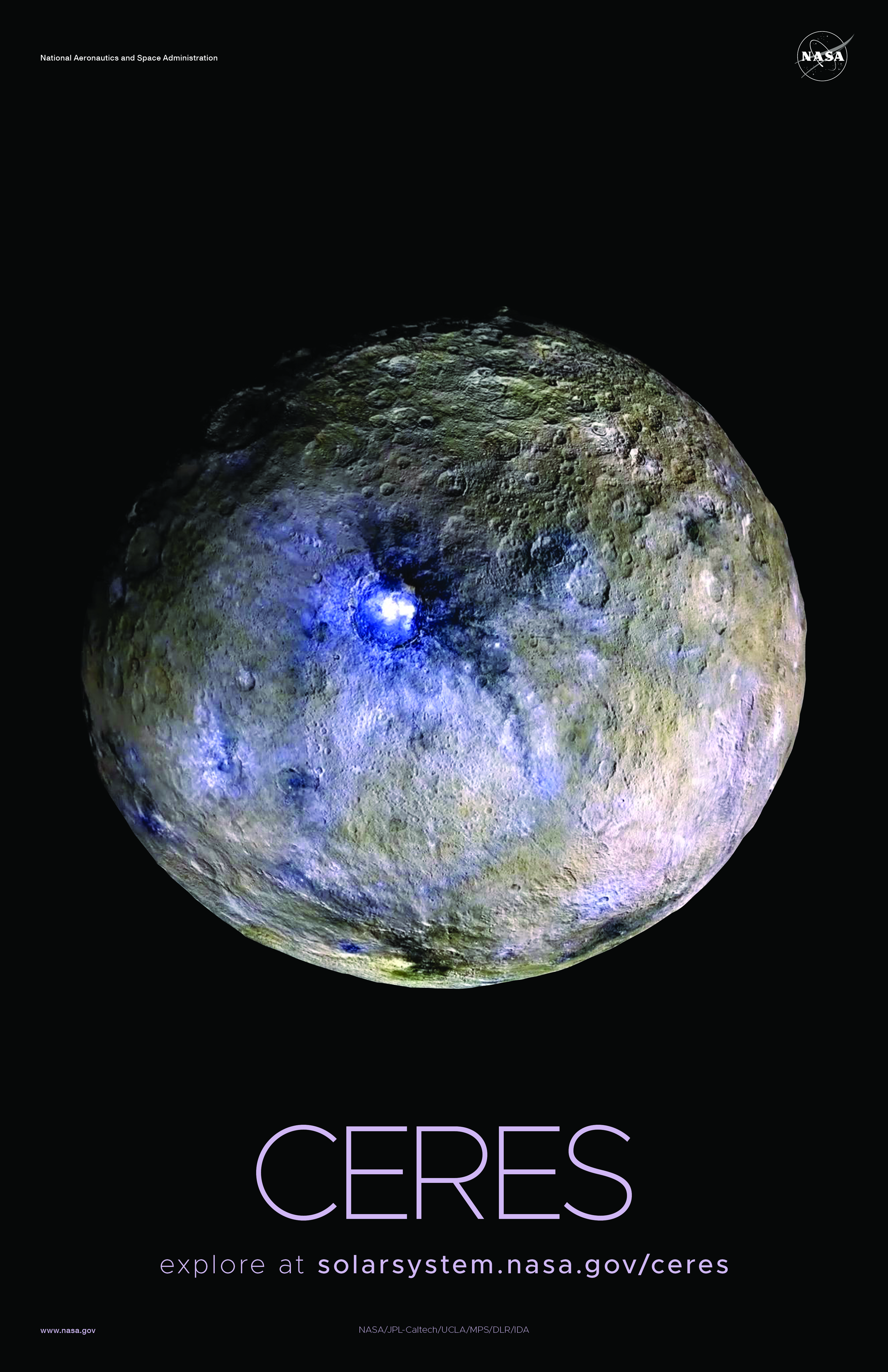 Full disk view of dwarf planet Ceres, with a bright blueish spot at center.