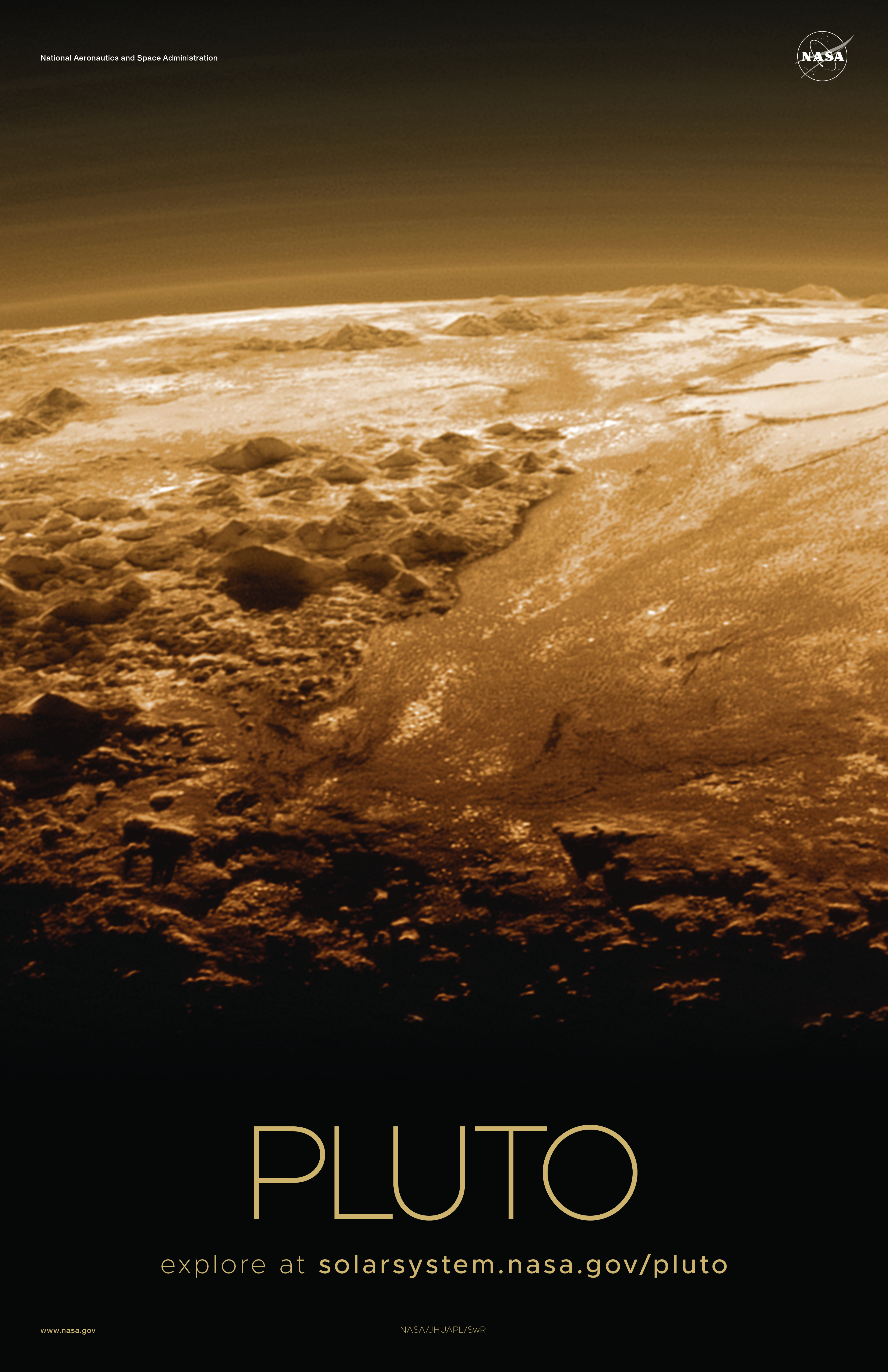 Close view of mountains and plains on Pluto.