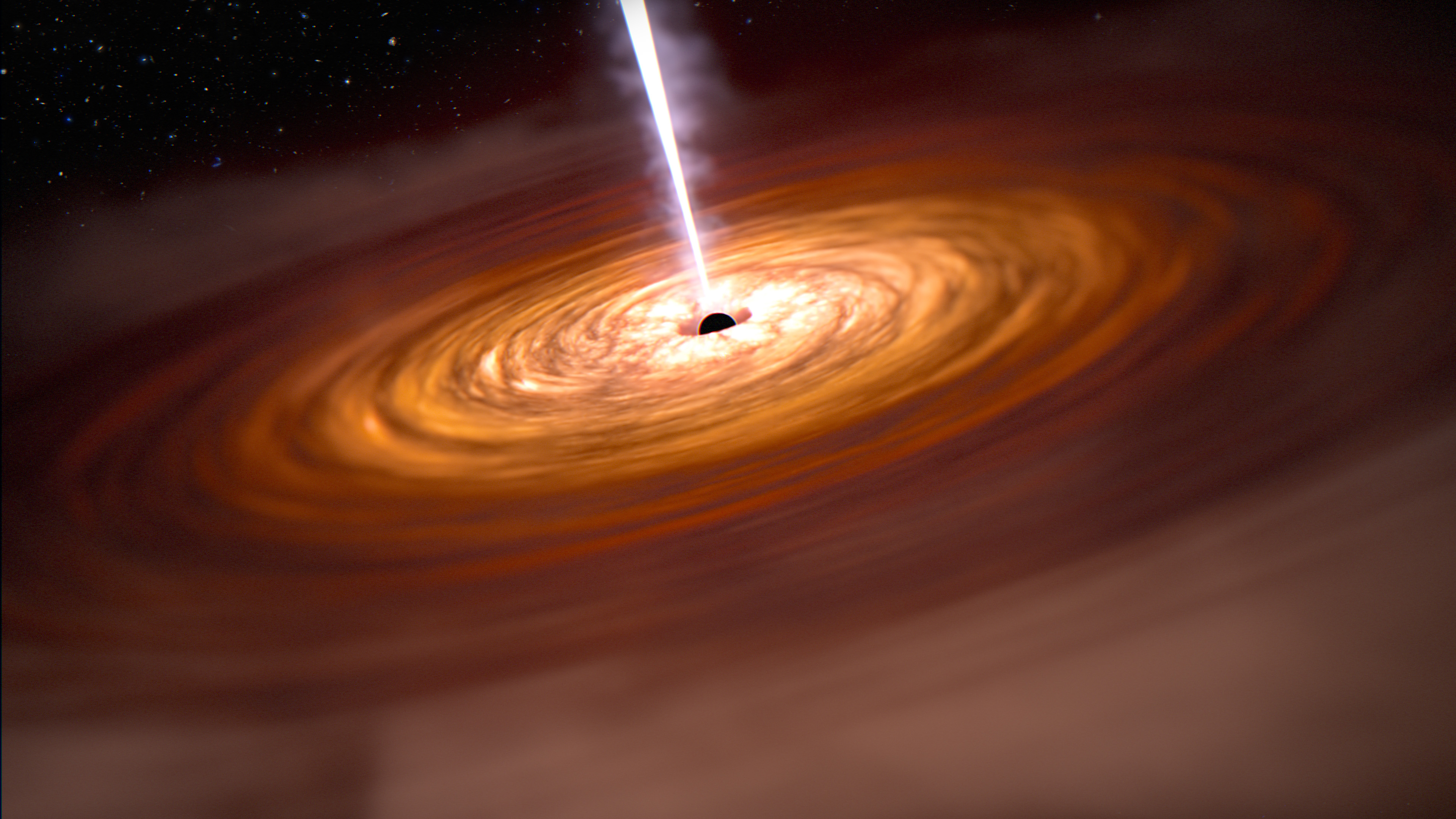 Orange, spiral debris disk swirls around a black hole. A jet of material blasts from the vicinity of the black hole.