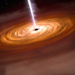 Orange, spiral debris disk swirls around a black hole. A jet of material blasts from the vicinity of the black hole.