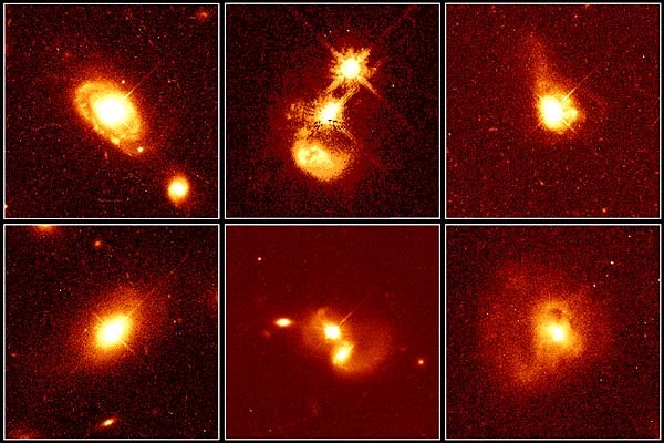 Six panels of somewhat indistinct, small, orange-colored galaxies with blobs of bright light within or nearby.