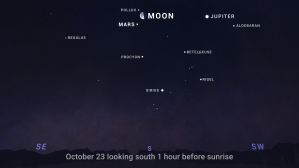 An illustrated sky chart shows the morning sky facing south, 1 hour before sunrise on October 23, 2024. The third-quarter moon appears prominently at top near center. Jupiter and Mars appear nearby, with Jupiter as a large white dot to the Moon's right, and Mars as a smaller orange dot just below the Moon. Several bright stars also appear nearby in this scene as small, white dots, including Aldebaran, Betelgeuse, Pollux, Procyon, Sirius, Regulus, and Rigel.