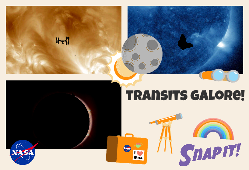 A postcard that shows images of the Sun and an eclipse. There is clip are of the Moon, Sun, telescope, rainbow, and suitcase. There is the NASA insignia and a logo that reads Snap It!