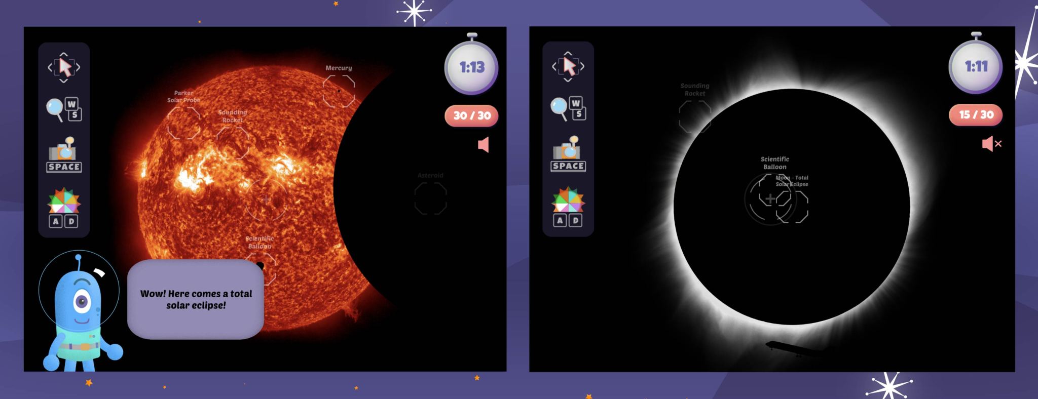 A small cartoon alien is in the bottom left corner. He has a speech bubble that reads "Wow! Here comes a solar eclipse." Most of the image is filled with a picture of the Sun. Part of the Sun is blocked by the Moon, forming a crescent shape. On the right is an image of the eclipse. Various buttons and toggles are available on the screen. On r